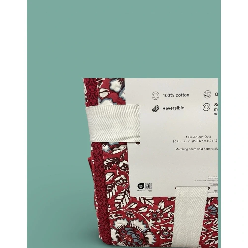 Sonoma Full Queen Reversible Cotton Quilt Asma Floral Quilted‎ 90 x 95 Red Black